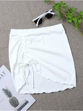NWOT SHEIN White Swim Summer Beach Rib Drawstring Front Beach Skirt - Sz Large